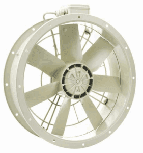 Vent-Axia cased axial fan, cream cylindrical casing with external motor box