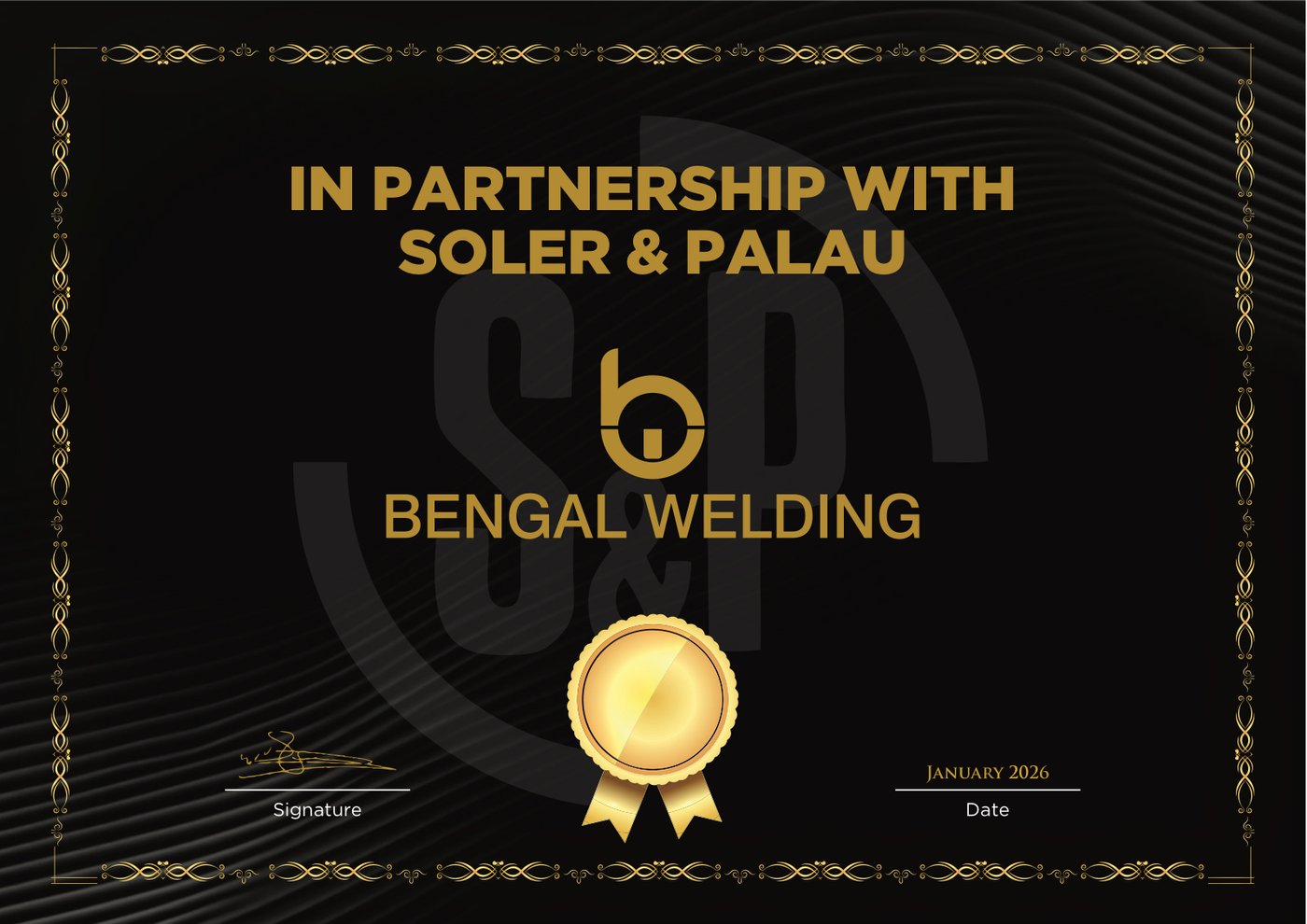 Certificate of official partnership between Bengal Welding and Soler & Palau, dated January 2026