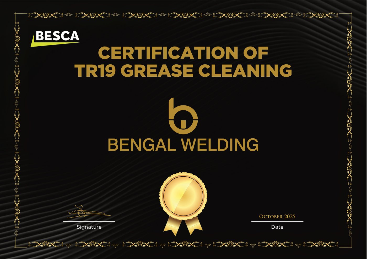 BESCA certification of TR19 grease cleaning for Bengal Welding, dated October 2025