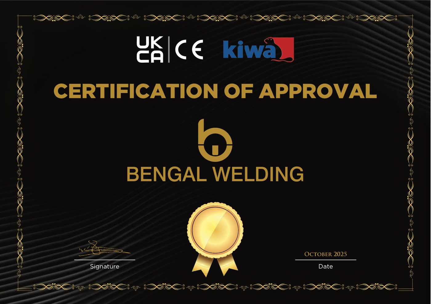 Certification of Approval for Bengal Welding, carrying the UKCA, CE and Kiwa marks, dated October 2025