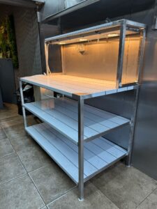 Chef's service table with heated gantry in our Wednesbury workshop