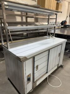 Mobile hot cupboard with two-tier heated gantry, three-quarter angle