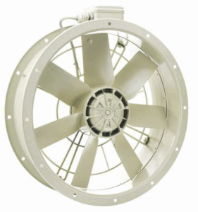 Vent-Axia cased axial fan, cream cylindrical casing with external motor box